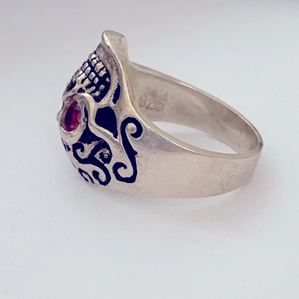 925 sterling silver biker skull ring red cz stone
